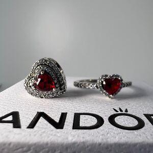 Pandora Elevated Red Heart Ring & Sparkling Leveled Heart Charm